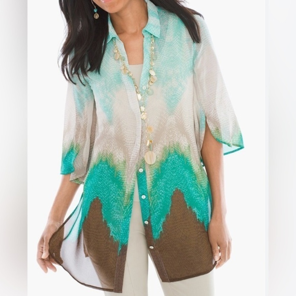 CHICO’S Zig Zag Printed Women’s Tunic Top Semi Sheer Sz 2